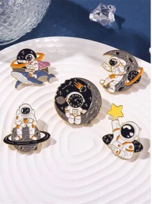 5 Piezas/set Broches De Aleación Temáticos Del Espacio Que Incluyen Un Lindo Astronauta Y Una Ballena Con Aceite En Forma De Goteo Como Accesorios Para La Ropa - Multicolor - Ver 1