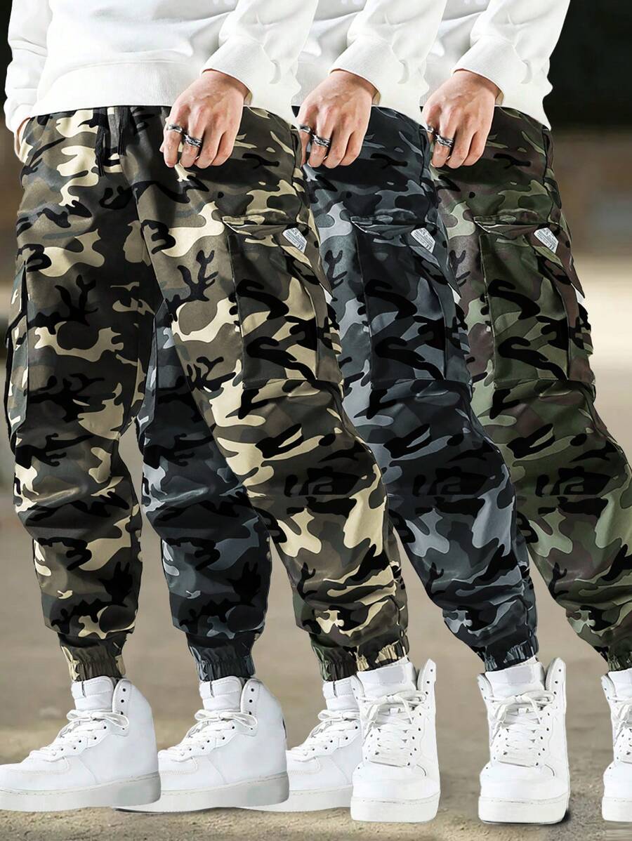 男士迷彩多口袋工装裤，抽绳腰带，松紧裤腿，适合休闲外出、徒步旅行和日常穿着，春夏款 - 卡其色 - 查看 1