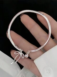 1pc Charming Bow Bell & Wave Decor Open Bangle Bracelet, Adjustable For Women Daily, Party, Festival Wear - Silver - View 4