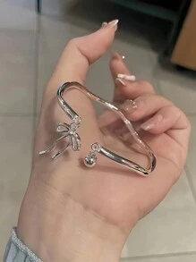 1pc Charming Bow Bell & Wave Decor Open Bangle Bracelet, Adjustable For Women Daily, Party, Festival Wear - Silver - View 2