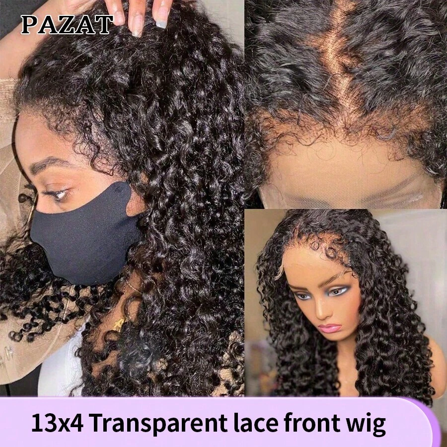 PAZAT 180% 密度 13x4 卷曲边缘婴儿头发蕾丝假发深波浪卷曲蕾丝前部真人发假发卷曲边缘发际线透明高清蕾丝前部假发短波波头假发（6 英寸）