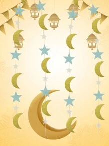 1pc 2M Star & Moon Paper Garland, Ramadan Moon & Star Hanging Decorations - Multicolor - View 9