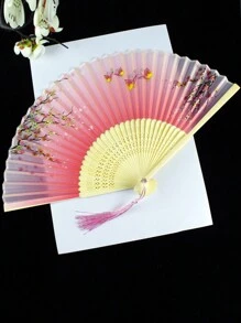 Abanico de seda plegable con decoración de flecos, accesorio tradicional chino clásico portátil para el disfraz, 1 pieza de patrón aleatorio en color rosa, mejor para regalo