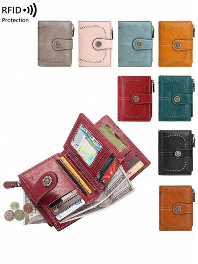 Secure Blocking Large Capacity Three Fold Short Wallet Multi-Card PU Solid Color Zipper Buckle Wallet Multi-Functional Europe And The United States New Retro Hollow Women's Valentine's Day Gift For Wife And Girlfriend For Women Wallet Purse Wallet Small Wallet Rfid Wallet