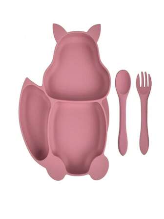Plato para Bebé Adherente con Divisiones en Forma de Ardilla y Cubiertos
