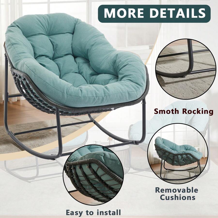 Patio Rocking Chair With Padded Cushion Indoor Outdoor Comfy Papasan Rocker Chair With Upgraded Steel Frame Oversized Rattan Egg-Shaped Lounge Chair For Front Porch, Garden, Bedroom - 薄荷綠 - 查看 1