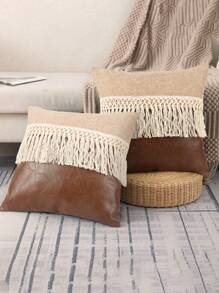 1pc Decorative Pillow Cover With Contrast Color Patchwork And Tassel Design, Pillow Insert Not Included - Khaki - View 1