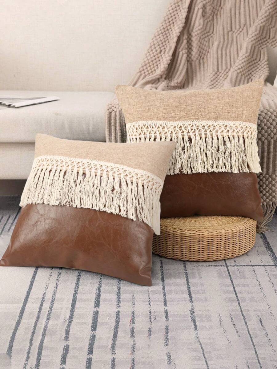 1pc Decorative Pillow Cover With Contrast Color Patchwork And Tassel Design, Pillow Insert Not Included - Khaki - View 1