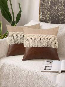 1pc Decorative Pillow Cover With Contrast Color Patchwork And Tassel Design, Pillow Insert Not Included - Khaki - View 4