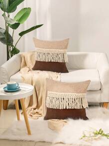 1pc Decorative Pillow Cover With Contrast Color Patchwork And Tassel Design, Pillow Insert Not Included - Khaki - View 2