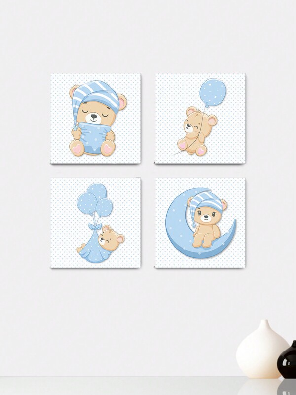 Kit 4 Quadros Decorativos Ursinhos Infantil Bebe Baby Quarto Menino Placas - 0117ktpl4