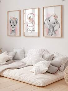 3pcs Pink Personalized Name Custom Art Wildflowers Canvas Poster Elephant Wall Art Leopard Hanging Picture Kindergarten Print Picture Girls Bedroom Decor Birthday Gift No Frame - Pink - View 4
