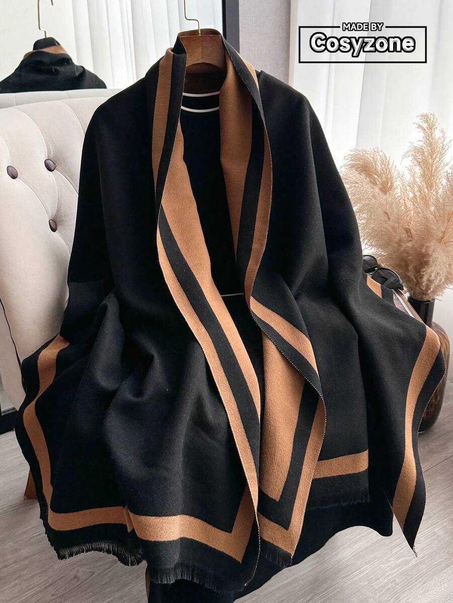 1pc Women Reversible Faux Cashmere Splice Color Fashion Versatile Air-Conditioner Shawl Scarf, Thick And Warm For Everyday Use In Autumn/Winter - Dark Camel - View 1
