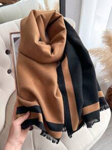 1pc Women Reversible Faux Cashmere Splice Color Fashion Versatile Air-Conditioner Shawl Scarf, Thick And Warm For Everyday Use In Autumn/Winter - Dark Camel - View 2
