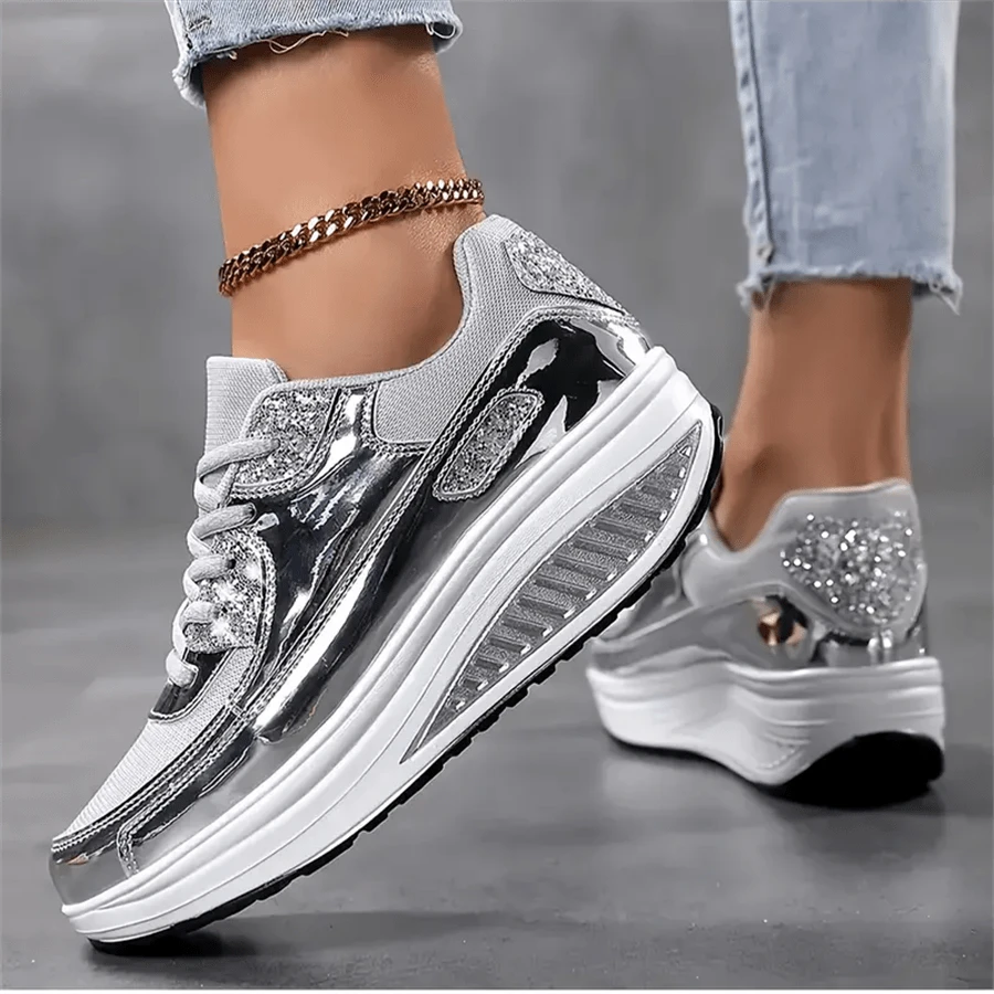 秋冬女式跑鞋，轻便透气银色系带厚底运动鞋，时尚、稳定、舒适，适合户外行走 - 銀色 - 查看 1