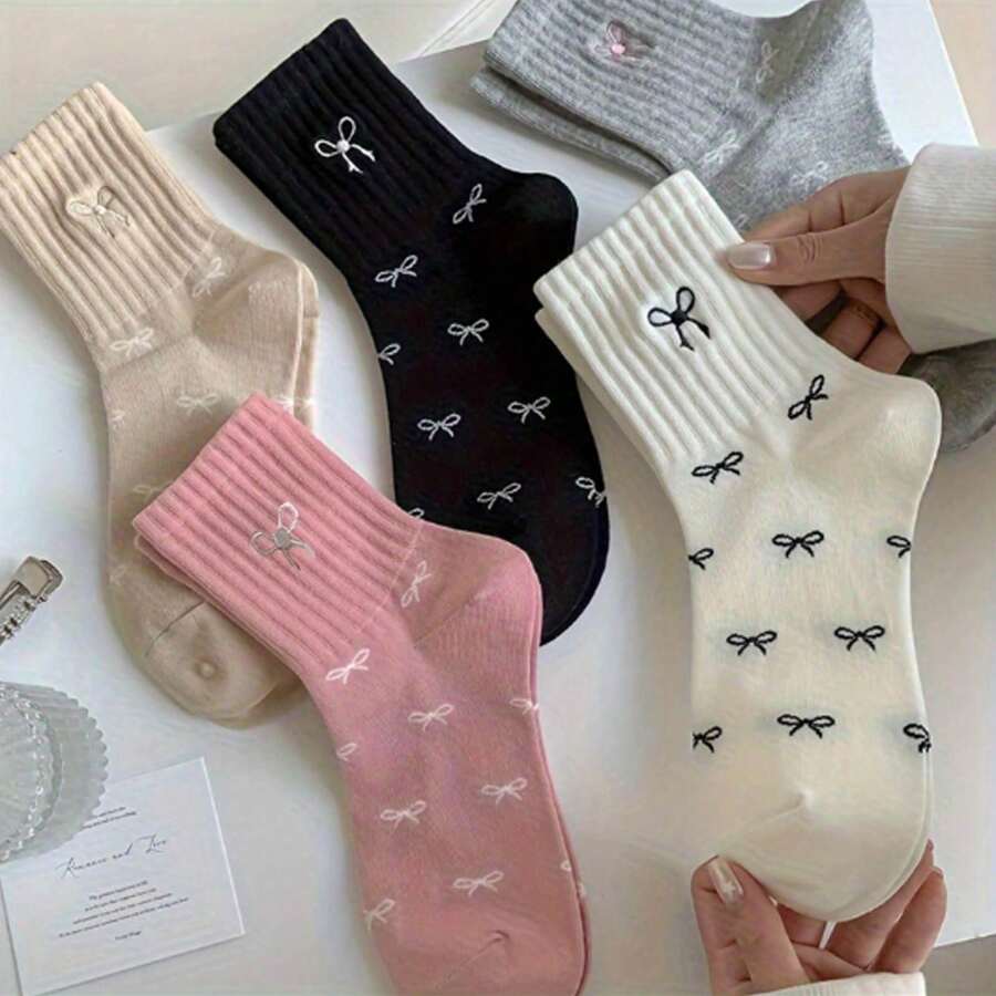5 双带蝴蝶结图案的女式短袜 - 透气、吸汗、涤纶和氨纶混纺针织短袜,仅可手洗 - 彩色 - 查看 1