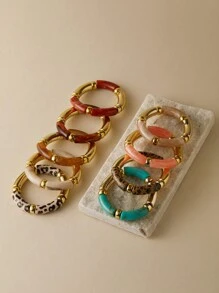 ORNAPEADIA 1 件波西米亚豹纹纯色树脂弹性手链，适合女士日常穿着和派对、礼物 - 圓形 - 查看 2