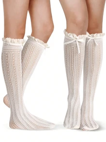 蝴蝶结装饰荷叶边蕾丝过膝袜 蝴蝶结边饰蕾丝中筒袜 可爱JK日式过膝袜 蕾丝镂空设计过膝袜 女士过膝袜 蕾丝腿套 蕾丝蝴蝶结过膝袜 JK风格洛丽塔过膝袜 女士紧身裤和长筒袜