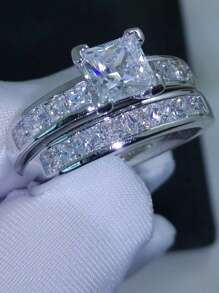 Yayi jewelry 2 件/套优雅方形立方氧化锆戒指婚礼订婚情侣戒指，送给女朋友的新娘礼物，情人节，母亲节，生日，妈妈，母亲，母亲节，礼物 - 優雅婚戒 - 查看 10