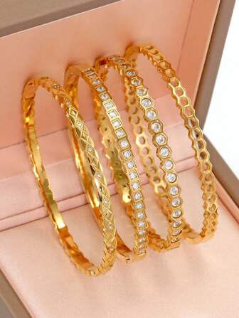 4pcs 18K Gold Plated Stainless Steel Bangle With Zirconia Stone, Stylish Honeycomb Geometric Pattern Design, Fashion & Elegant Wrist Jewelry For Women, Suitable For Everyday Wear, Wedding & Gift For Ladies, Girlfriend, Wife, Family And Friends