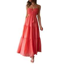 Women Summer Casual Long Dress Y2k Spaghetti Strap Bodycon Low Cut Dress V-Neck Sleeveless Solid Color Tie-Up High Backless Sexy Fashion Party Sling Maxi Dress - Màu Hồng  Dưa hấu - Xem 1
