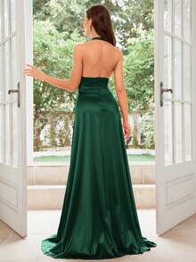 MUXXN 1950s Vintage V-Neck Backless Satin Cocktail Party Dress, Wedding Guest Dress, Formal Gown, Evening Dress, Maxi Dress - Dark Green - View 2