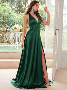 MUXXN 1950s Vintage V-Neck Backless Satin Cocktail Party Dress, Wedding Guest Dress, Formal Gown, Evening Dress, Maxi Dress - Dark Green - View 7