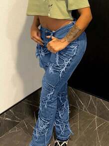 Y2K 90s Streetwear Distressed Denim Jeans With Diagonal Pockets, Elastic, Frayed Edges And Unique Fringe Design, Suitable For Holidays, Festivals, Autumn - Women - Blue - View 3