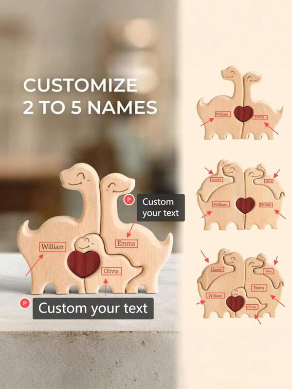 1pc Customizable Wooden Cute Dinosaur Family Shaped DIY Puzzle Craft, Laser Engraved With Name, Unique Personalized Family Puzzle Decoration Gift For Valentine's Day Gifts Birthday Graduation