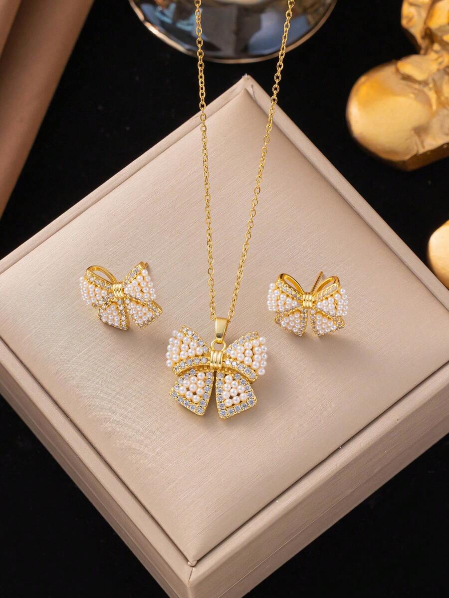 1 bộ trang sức nơ ngọc trai giả bằng thép không gỉ, thiết kế sáng tạo tối giản thanh lịch ngọt ngào cổ điển thời trang thường ngày, thích hợp cho Lễ Tạ ơn, Giáng sinh, đi làm hàng ngày, tiệc tùng, lễ hội, lựa chọn quà tặng tiết kiệm chi phí (Hộp bao bì túi OPP chỉ dùng cho mục đích chụp ảnh) - Vàng - Xem 1