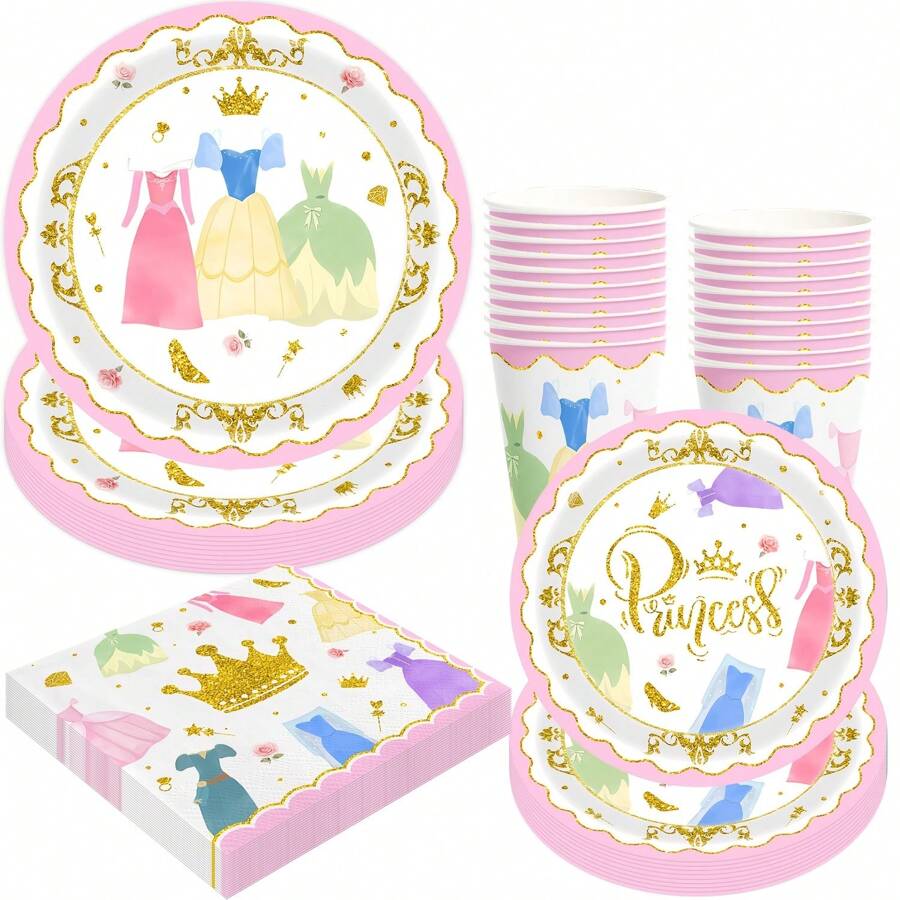Princess Castle Birthday Party Supplies Plates And Napkins Set For 10 Guests Watercolor Pastel Rainbow Birthday Party Decorations Fairy Tale Party Tableware Plate, Fork, Napkins - 20241122-fM-princess Tableware - View 1