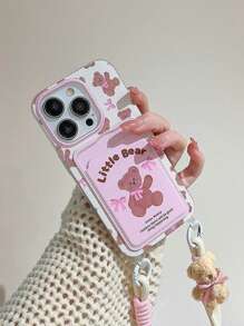 Cute Strawberry Bow Bunny Card Holder Phone Case With Lanyard, Compatible With IPhone 16 Pro Max/IPhone 14, New IPhone 12, 15, 14 Pro, 13 Pro Max, Soft Protective Anti-Fall Phone Cover
