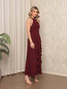 Long Sleeveless Party Dress With Luxury Padding - 紅木色 - 查看 3