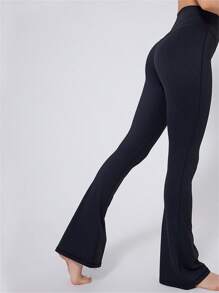 Women Yoga Pants High Waist Stretchy Hip Lift Workout Leggings Exercise Running Flare Pants - Black - View 4