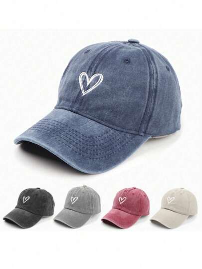 1顶男女通用纯色简约爱心刺绣棒球帽，适合户外活动、钓鱼、高尔夫、日常佩戴，复古百搭可调节后扣，是理想的礼物之选。