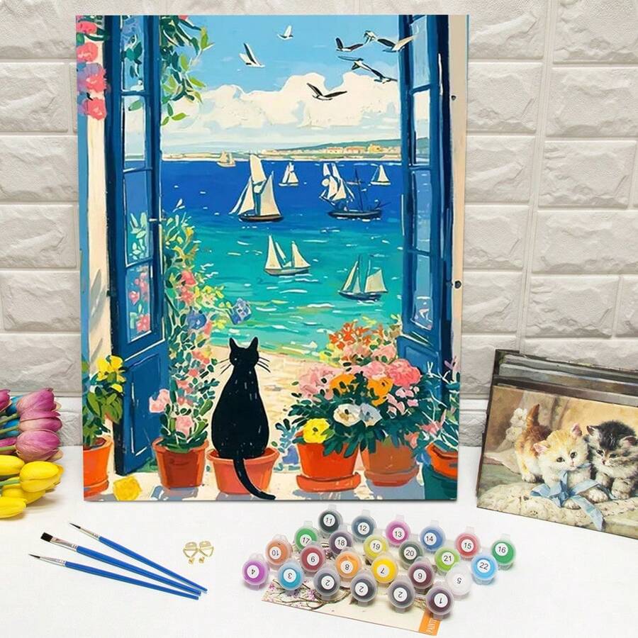 1 件数字油画猫海花家居装饰礼物 DIY 爱好数字绘画风景激发您的创造力手绘礼物 - 芥末黃 - 查看 1