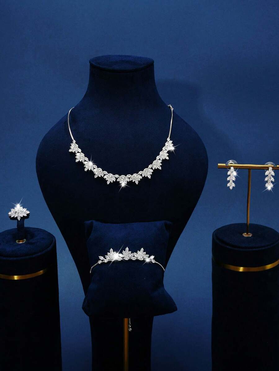 5 sztuk/zestaw Zestaw biżuterii z cyrkonii sześciennych z naszyjnikiem, kolczykami, pierścionkiem i bransoletką, nadaje się do codziennego noszenia, biura, podróży - biały król - Zobacz 1