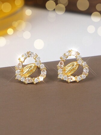 1对闪耀心形圣母玛利亚耳环，镶嵌合成锆石，独特镂空心形，小巧精致，情人节礼物，派对耳环（耳针易弯曲，可自行恢复）