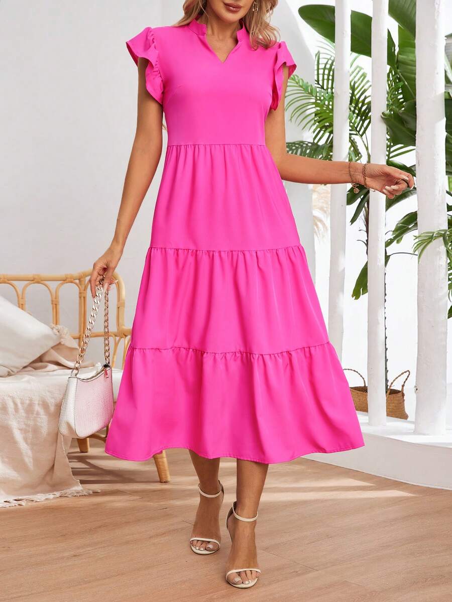 Casual Pleated Round Neck Loose Solid Color Dress, European And American Style Summer Elegant - Hot Pink - View 1