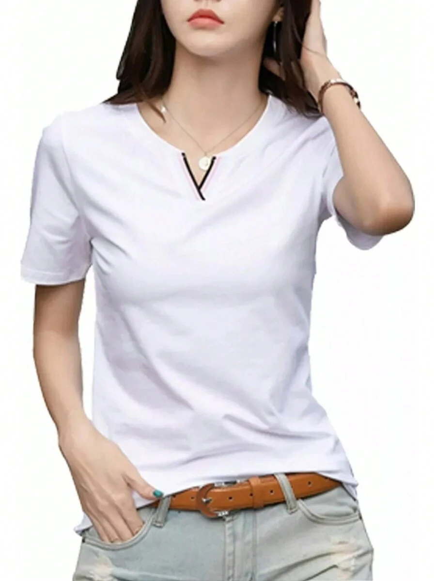 Casual Short Sleeve T-Shirt For Women With V-Neck, Women's T-Shirts, Basic T-Shirts, Sports T-Shirt, Breathable T-Shirt, Casual Lady Blouse, Top Blouse, Elegant Blouses - 白色 - 查看 1