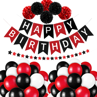 Grattis på födelsedagen, dekorationer till födelsedagsfester, röda och svarta födelsedagsdekorationer, röda och svarta födelsedagsdekorationer, födelsedagsdekorationer,