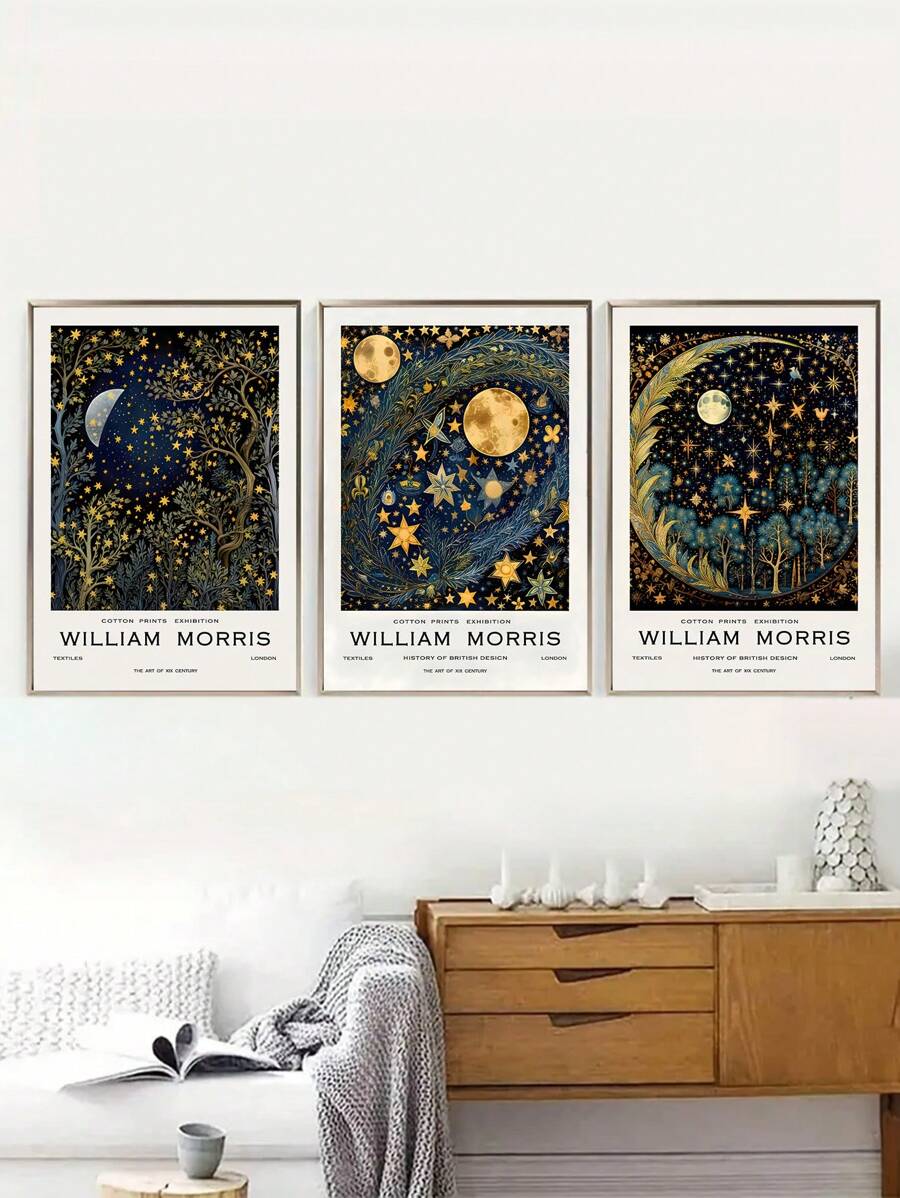 3 件现代艺术帆布海报，莫里斯艺术版画，月亮、星空和森林，著名艺术家版画，卧室、客厅、走廊、墙壁艺术、节日、阿拉伯墙壁艺术、家居装饰材料的理想礼物，无框 E-I-D - 彩色 - 查看 1