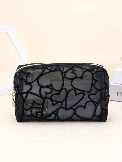 1 pieza Nuevo bolso de malla con forma de corazón, organizador de cosméticos minimalista negro, bolsa de aseo multifuncional apta para maquillaje, viajes, uso diario, viajes de verano, vacaciones, decoración del baño del hogar, organizador de maquillaje para vacaciones, accesorios de baño, de regreso a la escuela