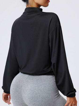 Women Stand Collar Zipper Front Sports Jacket, Casual Short Ribbed Cuffs Workout Yoga Running Bomber