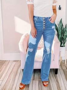 Jeans femininos elegantes vintage, modelo reto com furos e design de vários botões - sem zíper, de temporada, Denim desgastado, moda casual, adequado para várias ocasiões, presentes de Natal, Ano Novo e outras festas - Azul médio