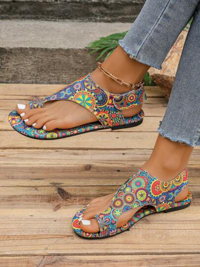 女式波西米亚风向日葵钩环设计平底凉鞋，欧美时尚休闲复古向日葵平底凉鞋，舒适透气，适合旅行度假海滩