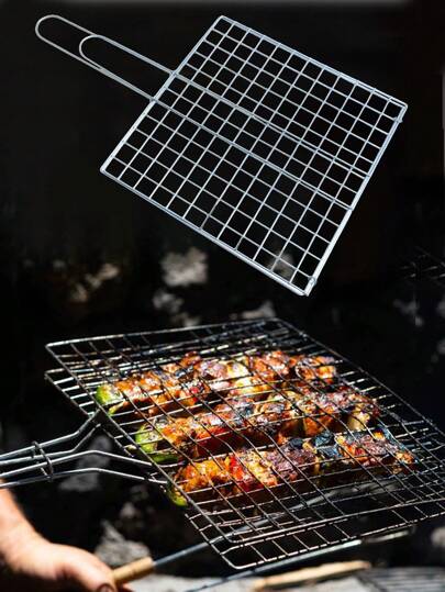 Parrilla plegable de acero galvanizado, con asas, rejilla cuadrada de 30 x 30 cm, con pasador para cerrar la parrilla, ideal para pescado, brochetas, pollo, carne, verduras al carbón o ahumadas.