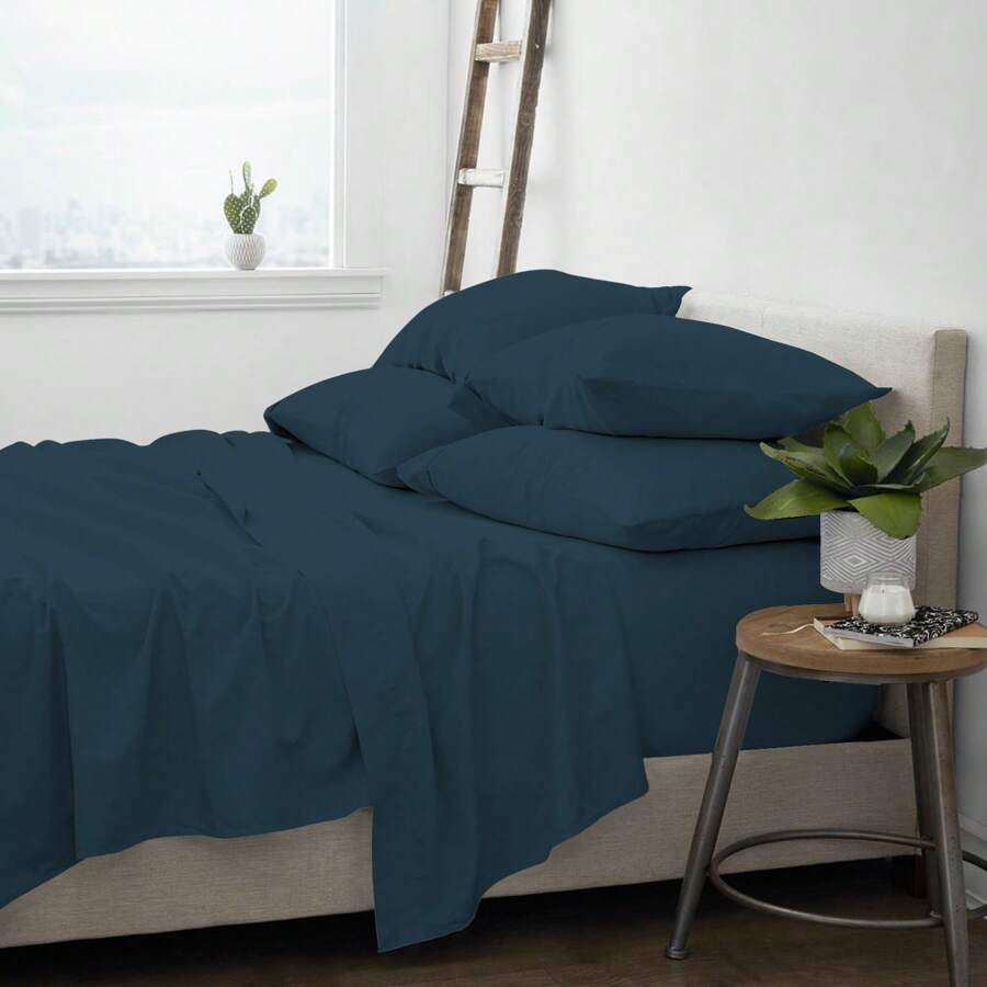 6-Piece Ultra Soft Cooling Bamboo Bed Sheet Set With Deep Pockets - 海軍 - 查看 1