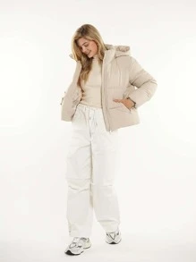 Women Puffer Jacket Hood Winter Water Repellent Wind-Resistant Ladies Classic Quilted Padded Coat Big Pocket - Cream - View 8