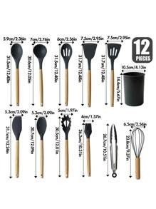 1 套，12 件木柄硅胶烹饪用具套装，带储物盒、耐高温食物钳、铲子、搅拌工具、厨房小工具 - 彩色 - 查看 16